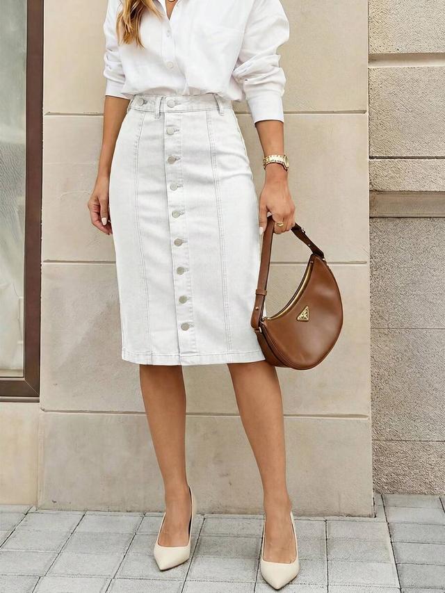 white denim button-front midi skirt