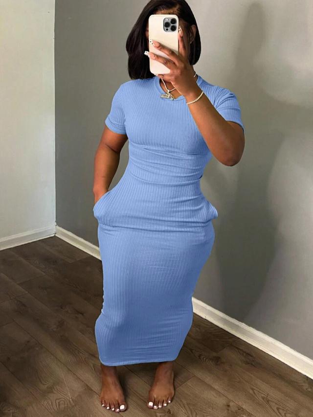 light blue ribbed knit midi dress