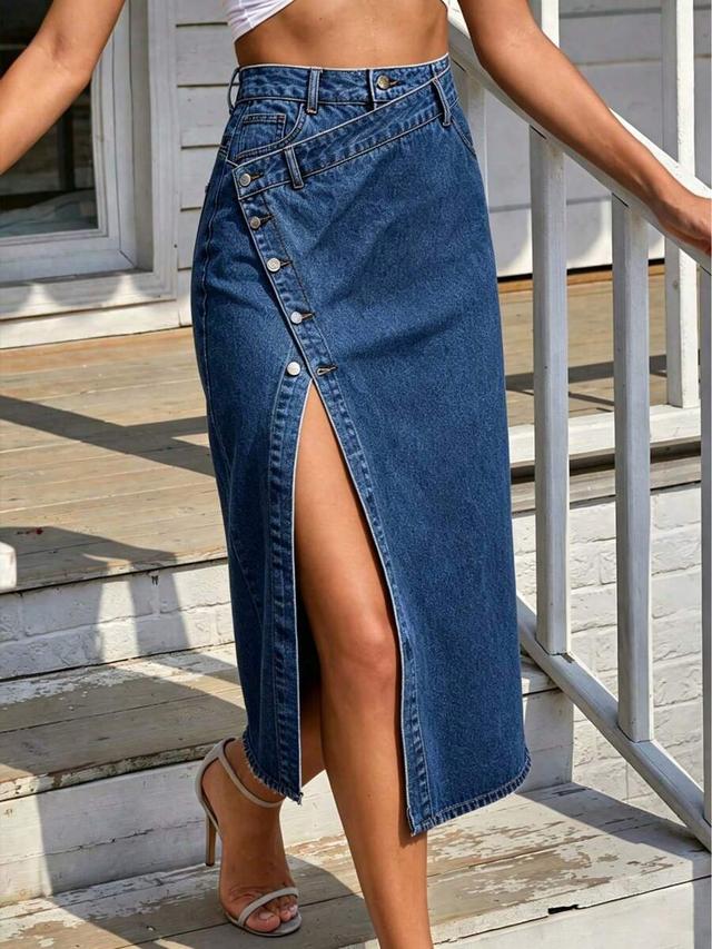 asymmetric button-front denim midi skirt