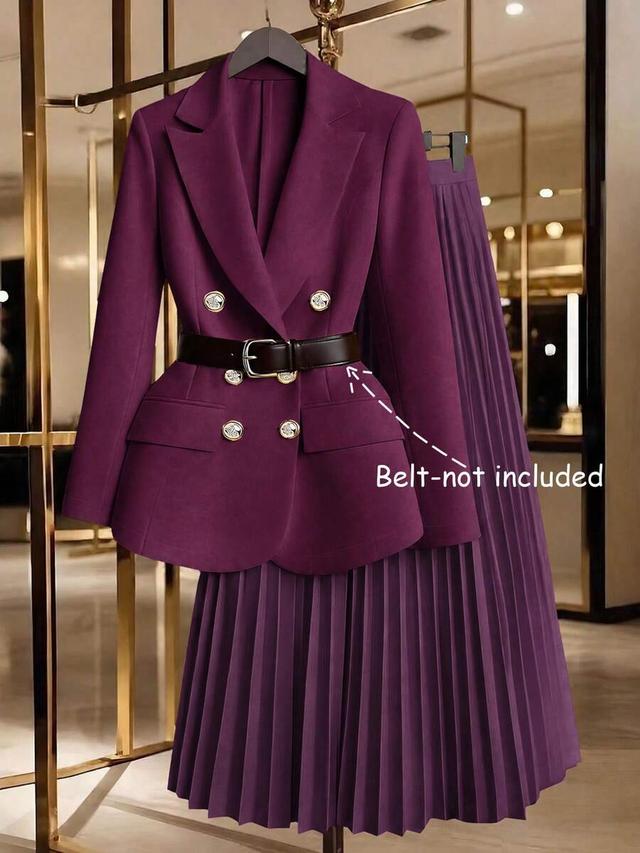 purple gold button blazer and pleated skirt set