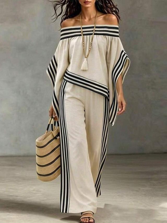 beige striped off-shoulder top and wide-leg trousers set