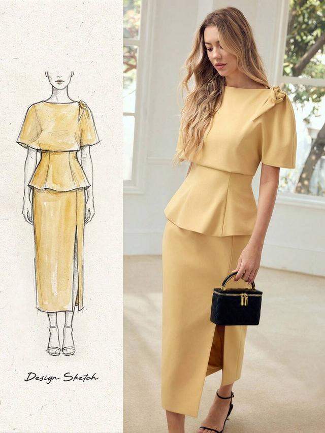 elegant yellow floral decor peplum top and skirt set