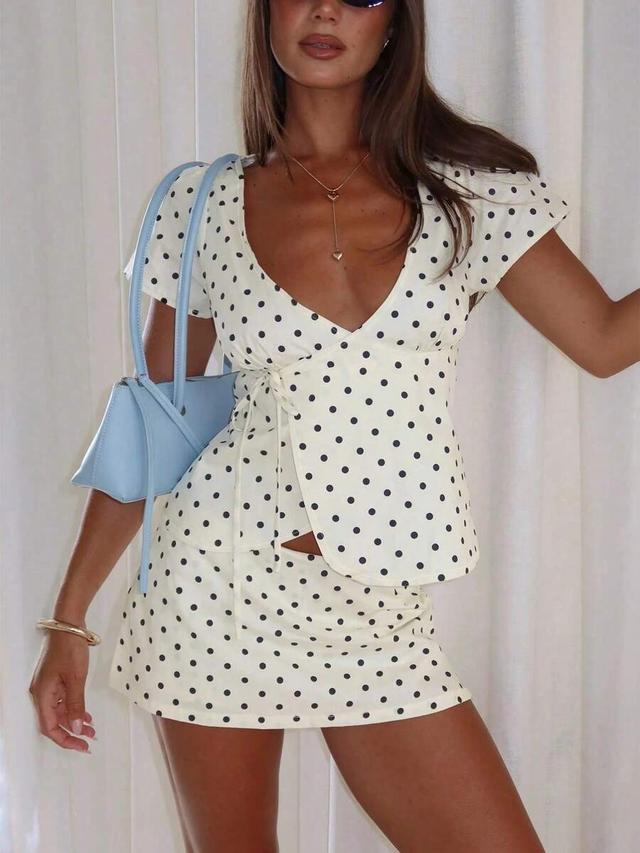 women's casual polka dot wrap top and skirt set