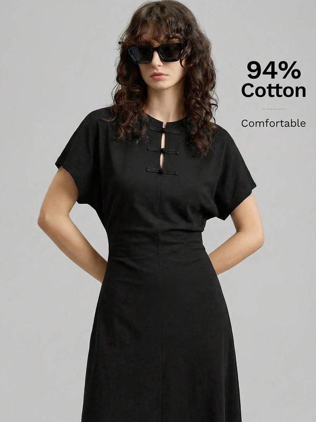 minimalist black cotton dress with chinese knot buttons