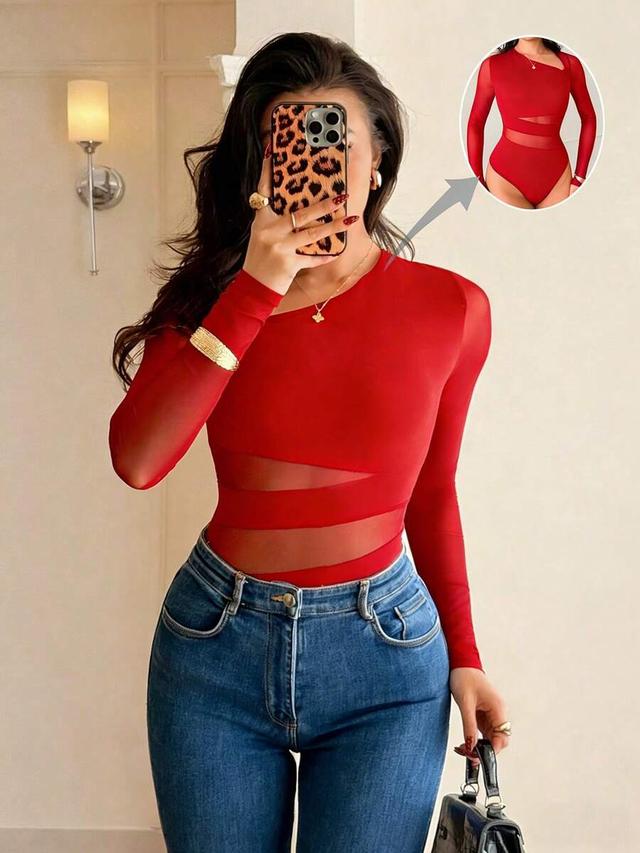 red mesh patchwork long sleeve fitted bodysuit