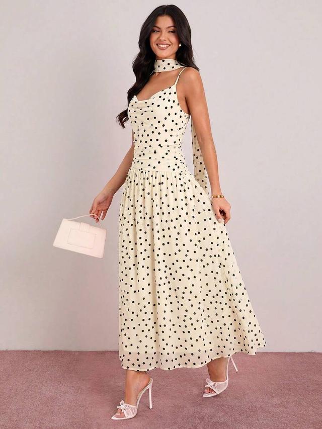 elegant black and white polka dot cowl neck dress