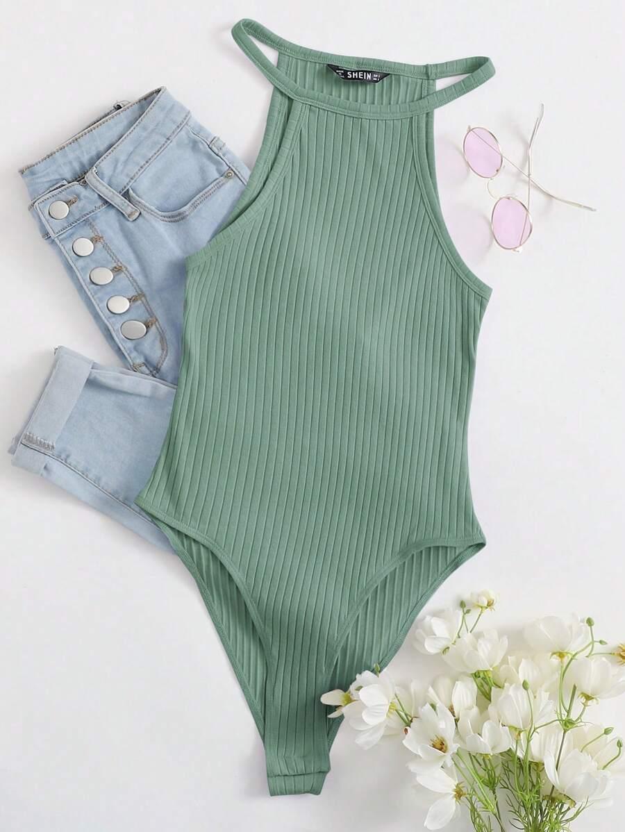 solid green rib-knit halter bodysuit