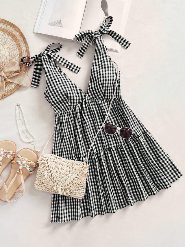 black and white plaid tie-strap tiered mini dress