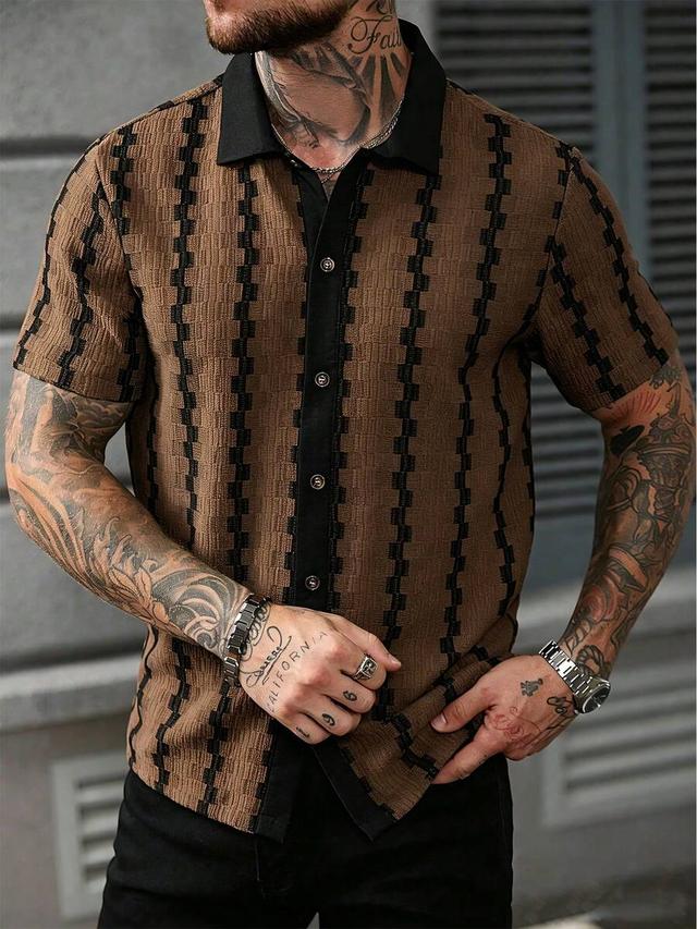 brown and black textured short sleeve button shirt