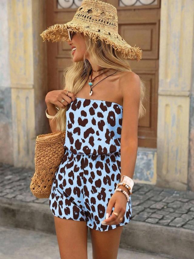 pink leopard print strapless camisole playsuit