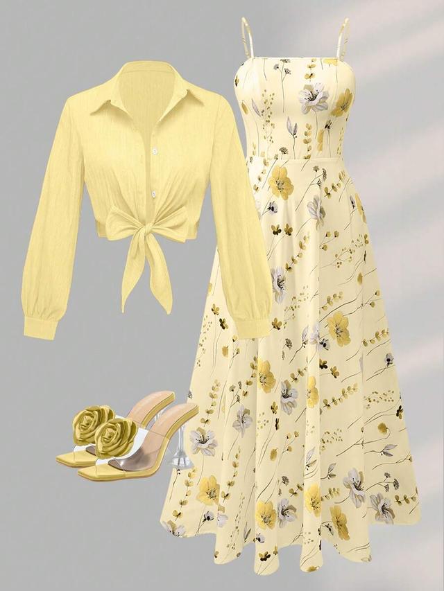 women's elegant yellow floral printed midi dress