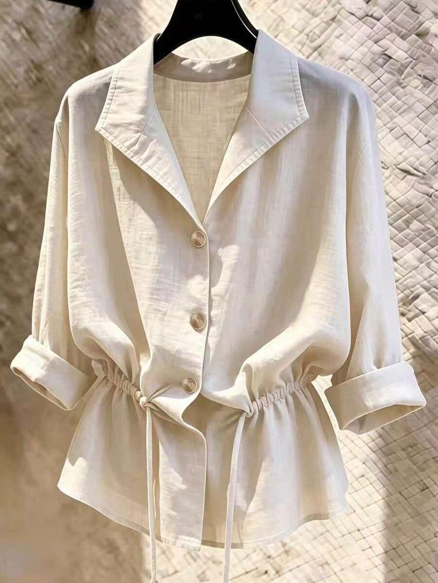 beige linen blend slouchy drawstring long sleeve shirt