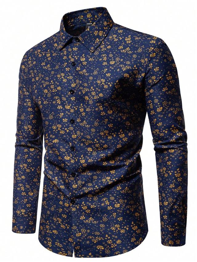 navy floral print long sleeve button down shirt