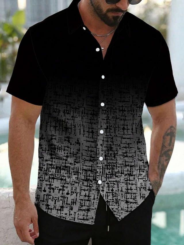 black gradient abstract geometric print cuban collar shirt