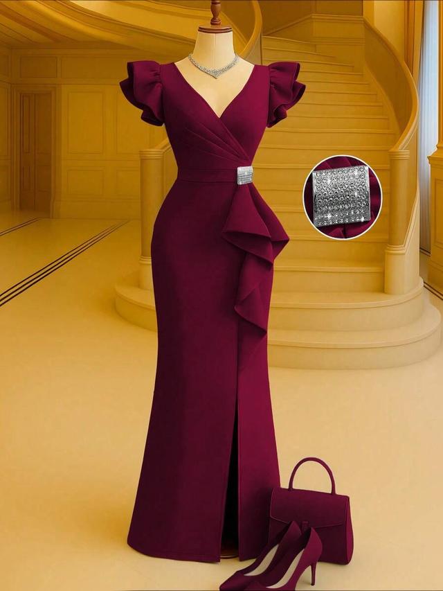 burgundy mermaid formal gown with ruffle sleeves and rhinestone