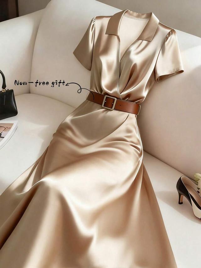 elegant champagne satin crossed collar midi dress