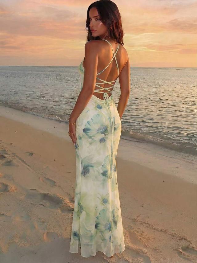 floral print chiffon maxi dress with lace-up back