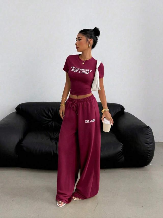 burgundy casual wide leg drawstring lounge trousers