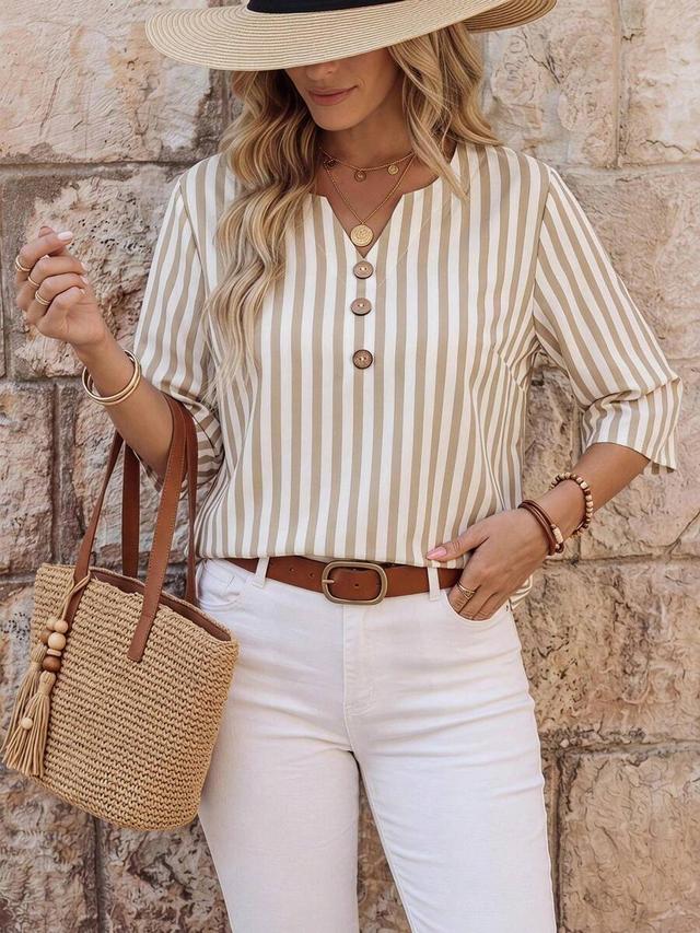 striped v-neck summer blouse with button detail