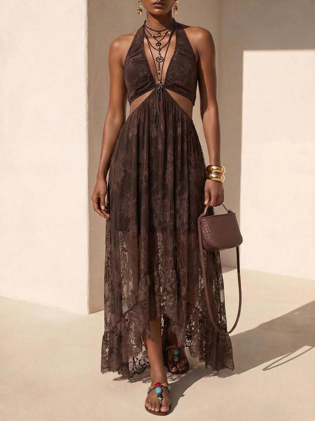 brown lace trim cutout halter neck a-line dress