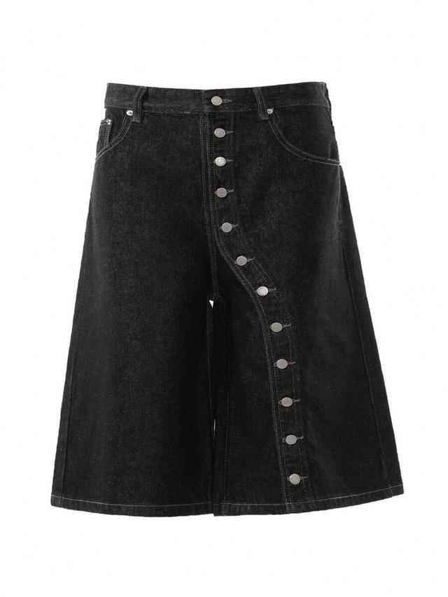 high-end original black denim irregular buttoned shorts