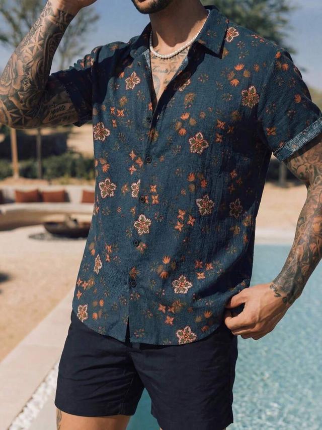men's retro tropical floral print linen-like summer shirt