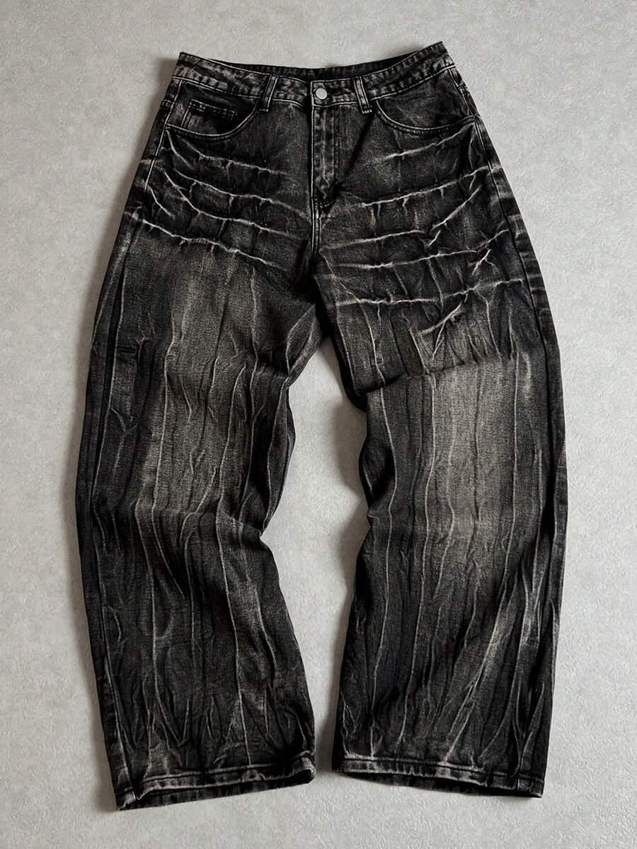 washed black wide leg denim cargo jeans