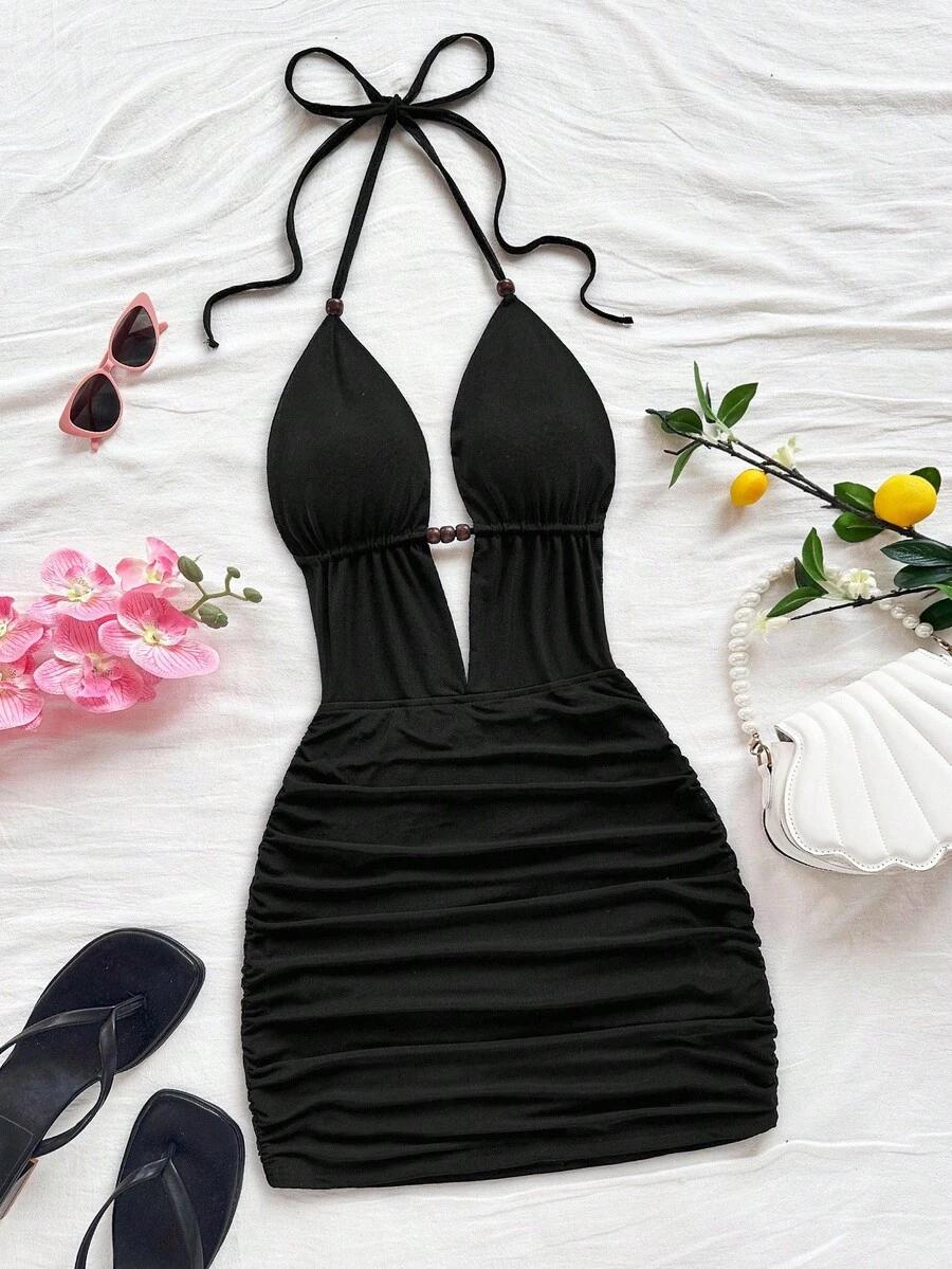 black ruched halter neck mini dress