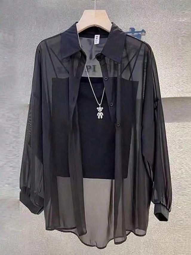 women's solid color sheer chiffon long sleeve blouse