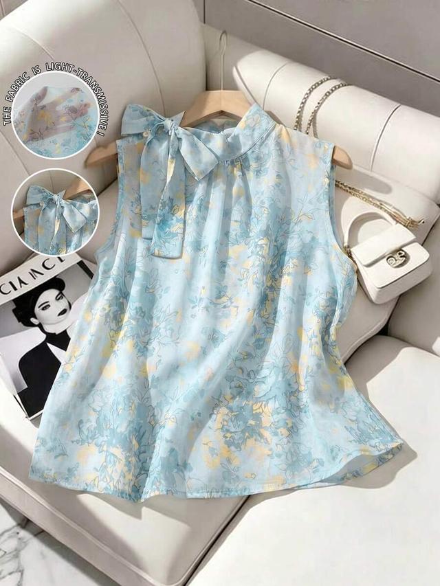floral print sleeveless blouse with side tie neck