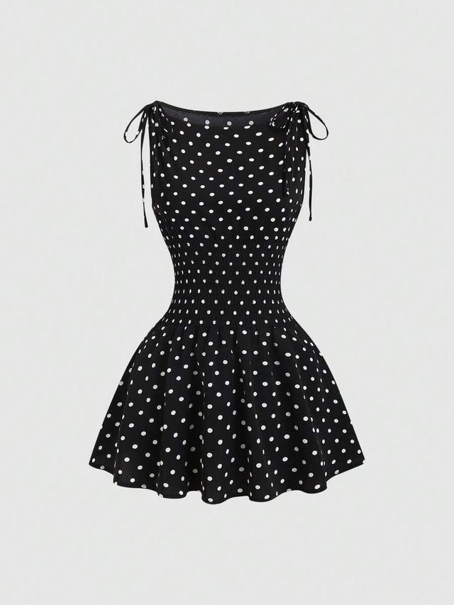 polka dot shoulder bow waist tie mini dress