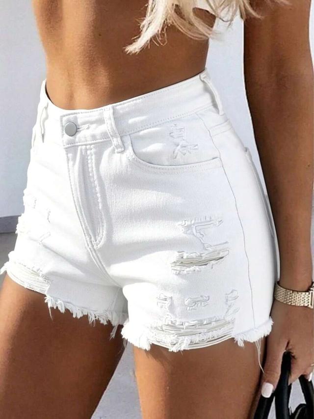 white high waist distressed frayed edge denim shorts