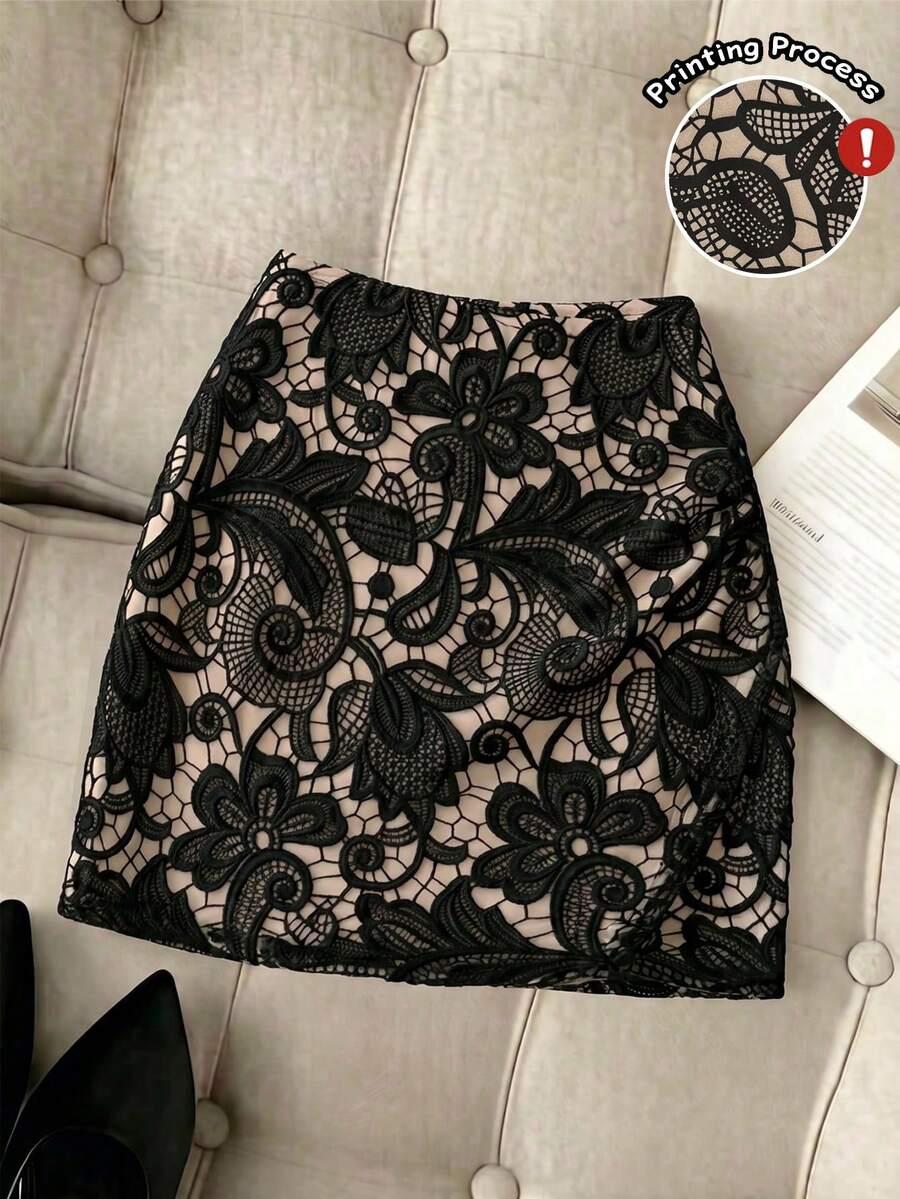 elegant black guipure lace mini skirt
