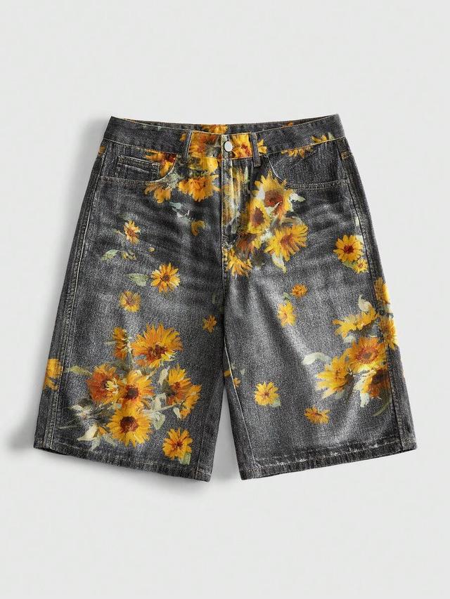 washed black denim shorts with sunflower print