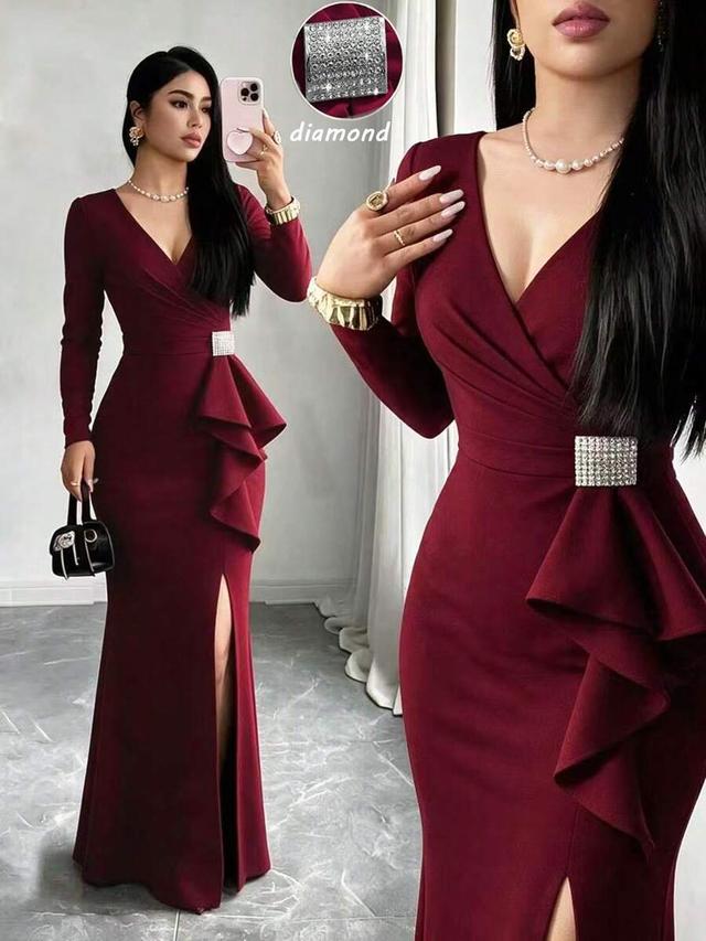 burgundy velvet mermaid evening dress with crystal waist detail