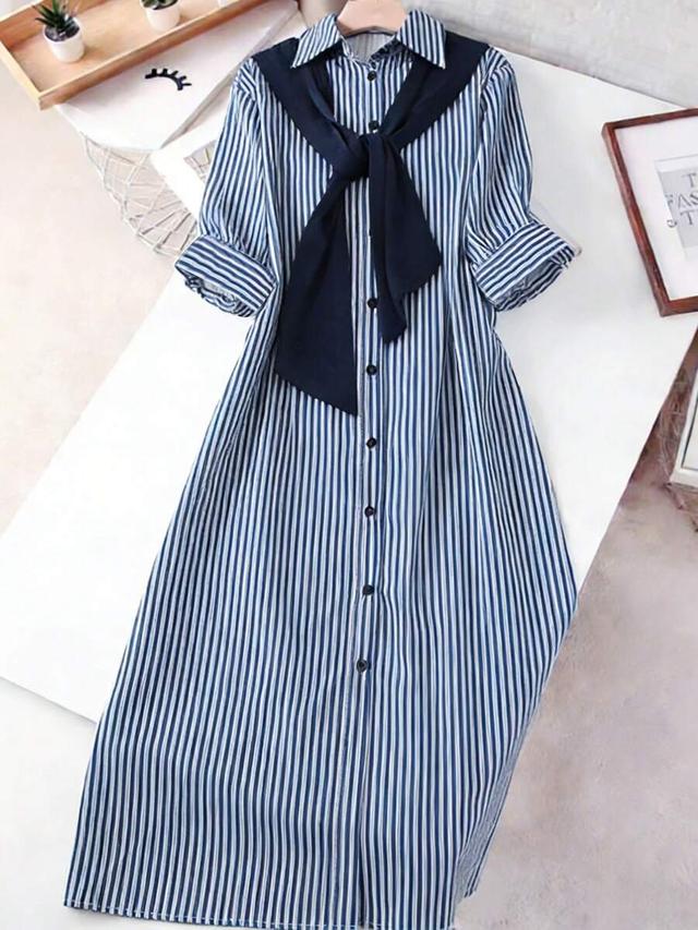 blue and white striped button down shirt dress