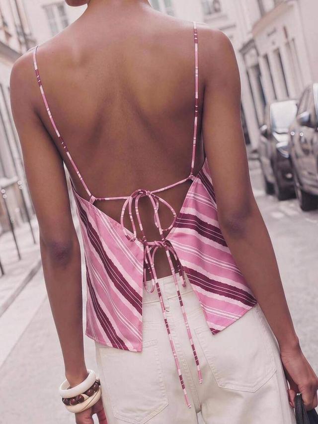 pink striped spaghetti strap open back tank top