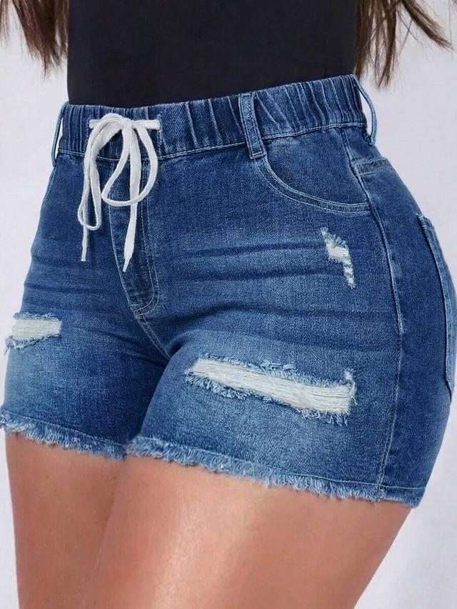 distressed blue denim elastic waist shorts