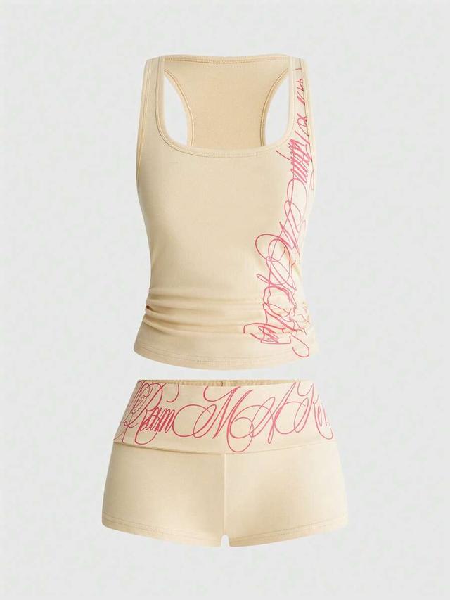 beige fitted tank top and ultra low waist mini shorts