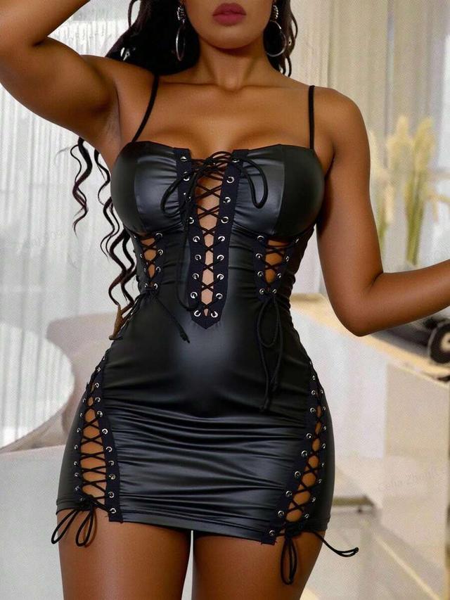 black faux leather lace-up mini dress