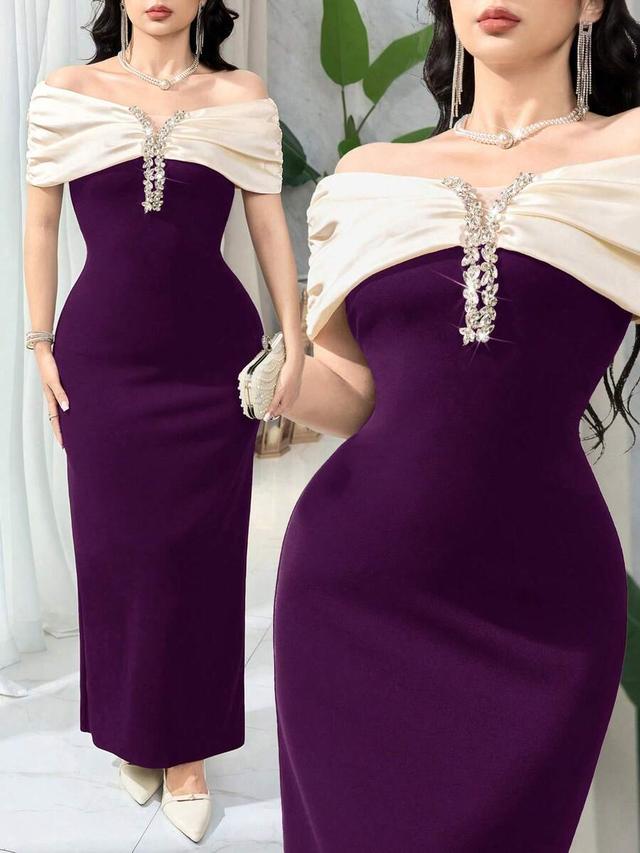 feyla women's contrast color off-shoulder fitted elegant dress