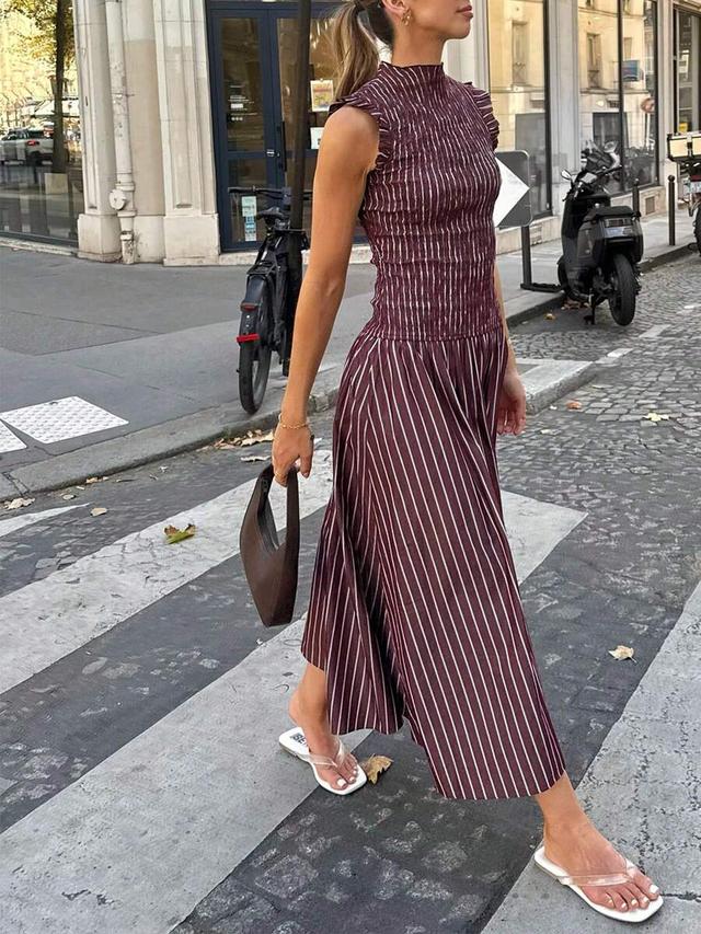 striped smocked bodice maxi dress with ruffled sleeves