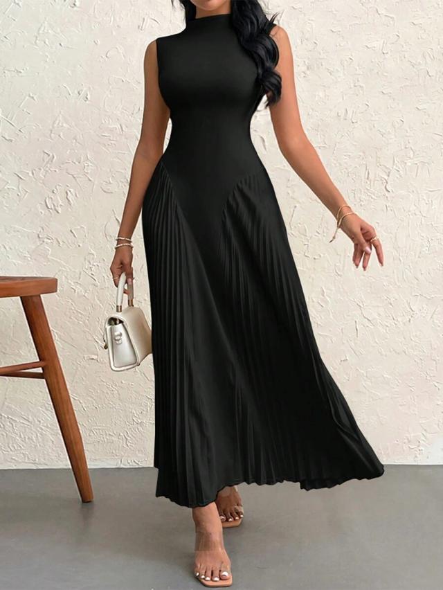 elegant black pleated slim a-line midi dress