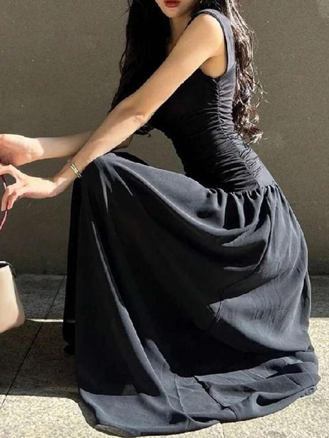 women's elegant black pleated spaghetti strap dress