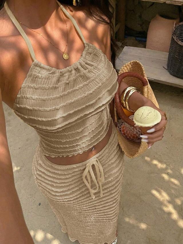 light yellow textured jacquard halter camisole and maxi skirt
