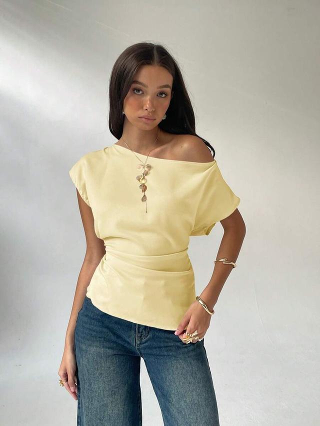 asymmetrical pleated collar fitted blouse in summer yellow