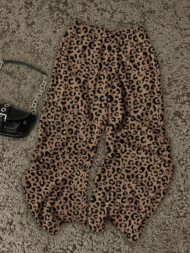 leopard print pleated casual wide leg sweatpants