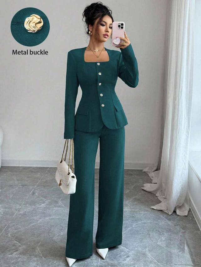 teal straight leg trousers with side pockets