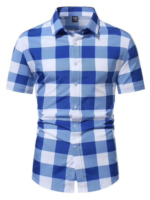 blue and white plaid short sleeve casual shirt