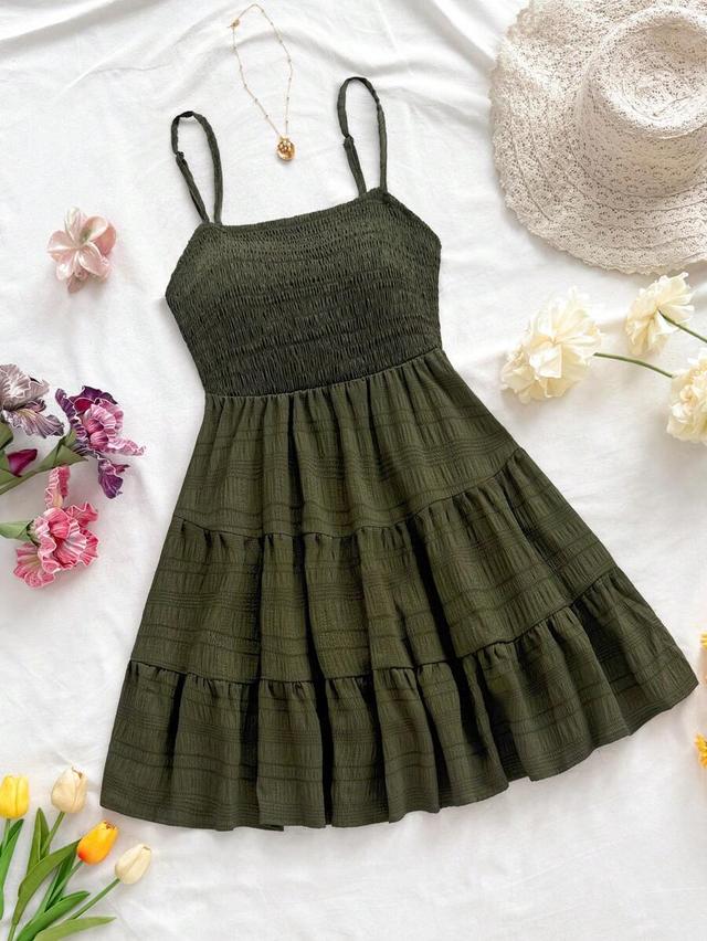 olive green smocked halter neck tiered mini dress